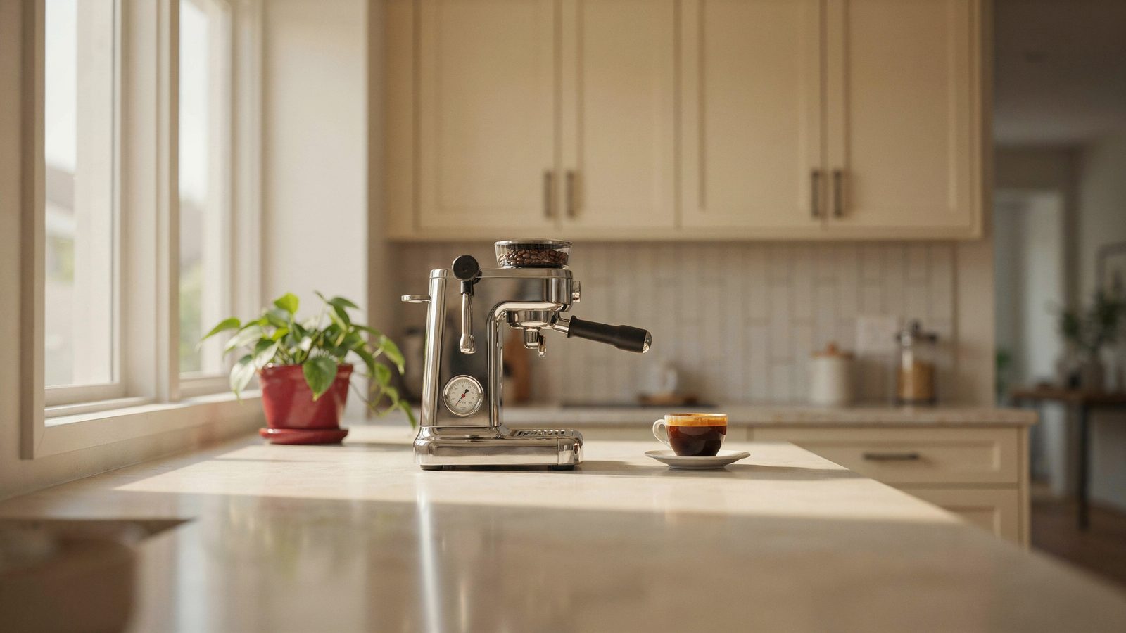 A bright modern home kitchen with a stainless espresso machine as the centerpiece on the counter, a cup of espresso and a plant, wide inviting interior shot