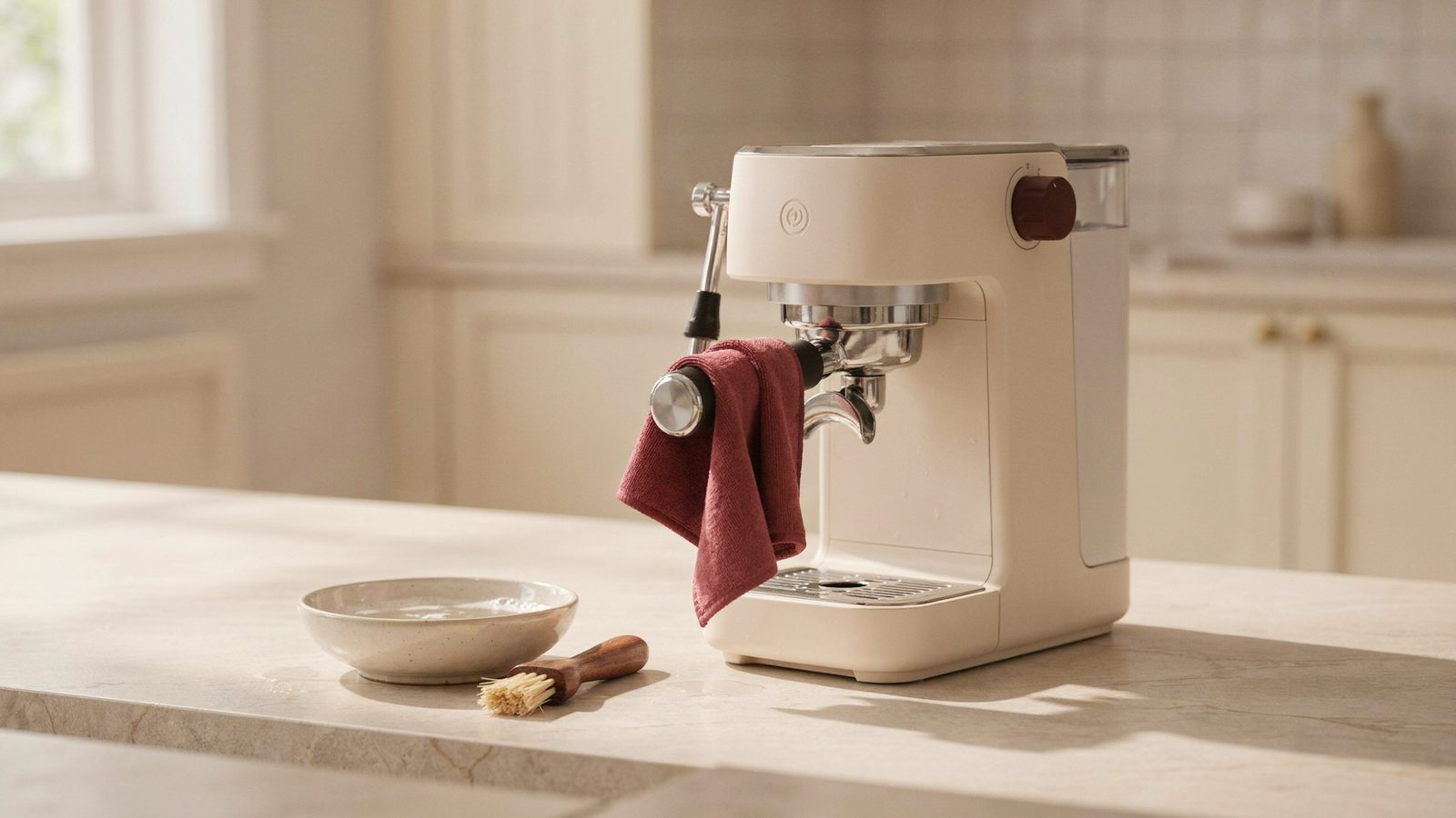 A clean home espresso machine being maintained: a steam wand being wiped with a damp microfiber cloth placed on it, a small bowl of soapy water and a brush on the counter, bright tidy kitchen