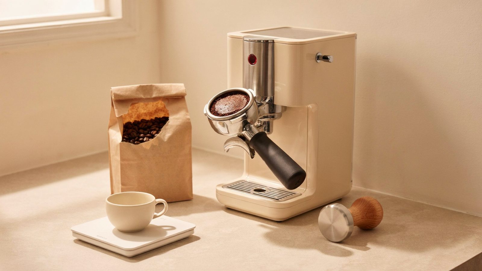 Step-by-step home espresso scene: a portafilter being locked into the group head of a home machine, a scale with a cup underneath, a bag of beans and a tamper nearby